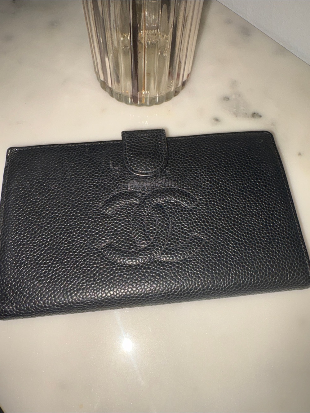 CHANEL Black Caviar Leather Snap Wallet with Embossed CC